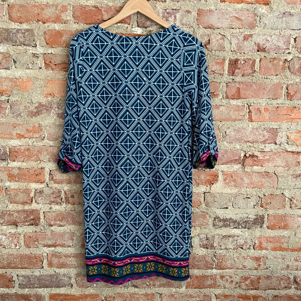 Teal and white knit shift dress with accent band